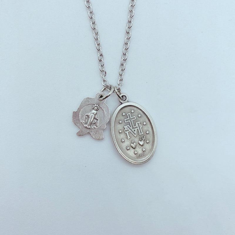 Blue Enamel Miraculous Medal with Rose Charm-2