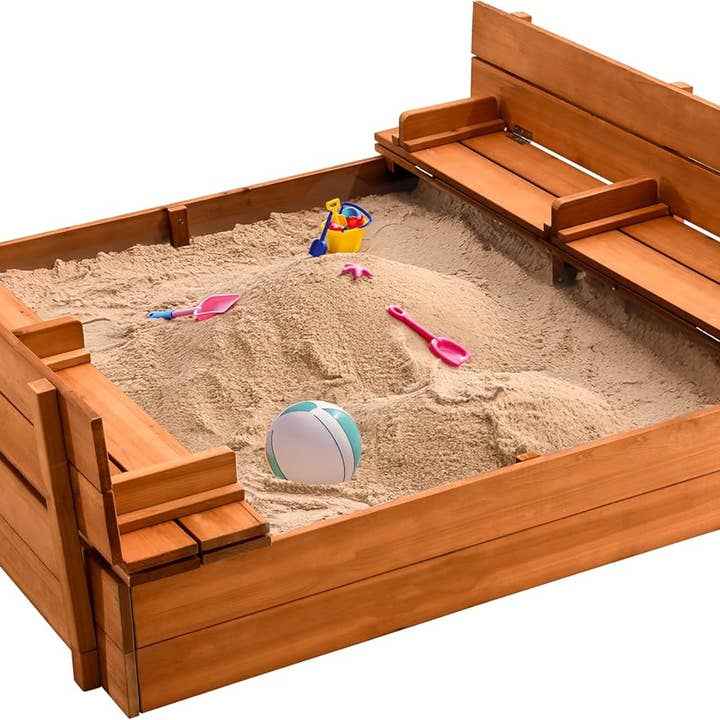 Play22 - Cedar Wood Kids Sandbox with Foldable Bench Seats - Ages 4+-8