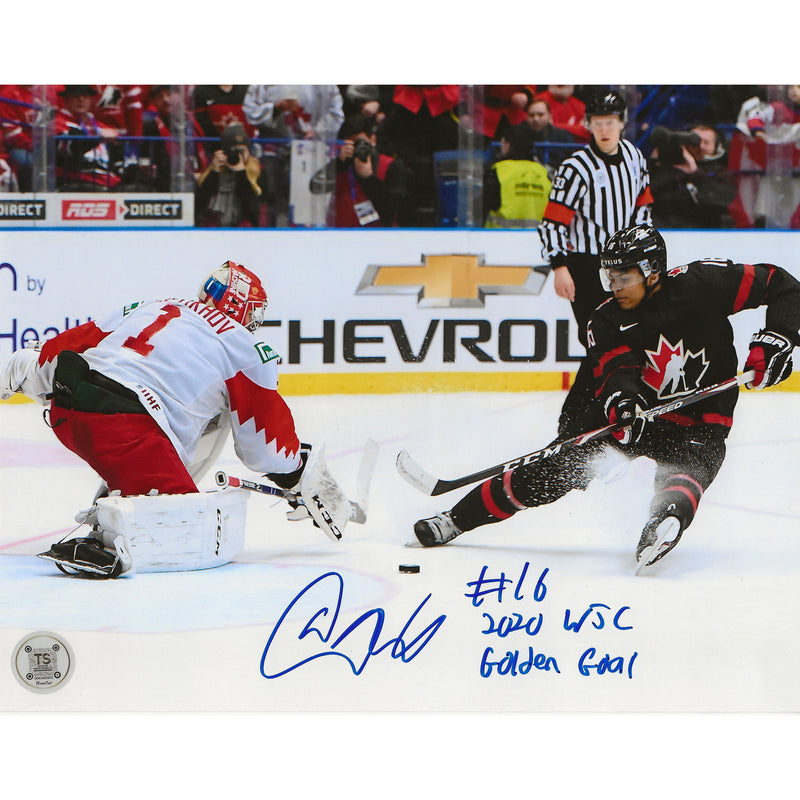 Photo 8x10 d'Akil Thomas autographiée Équipe Canada, Championnat du monde junior 2020, but en or, avec l'inscription « 2020 WJC Golden Goal »-1