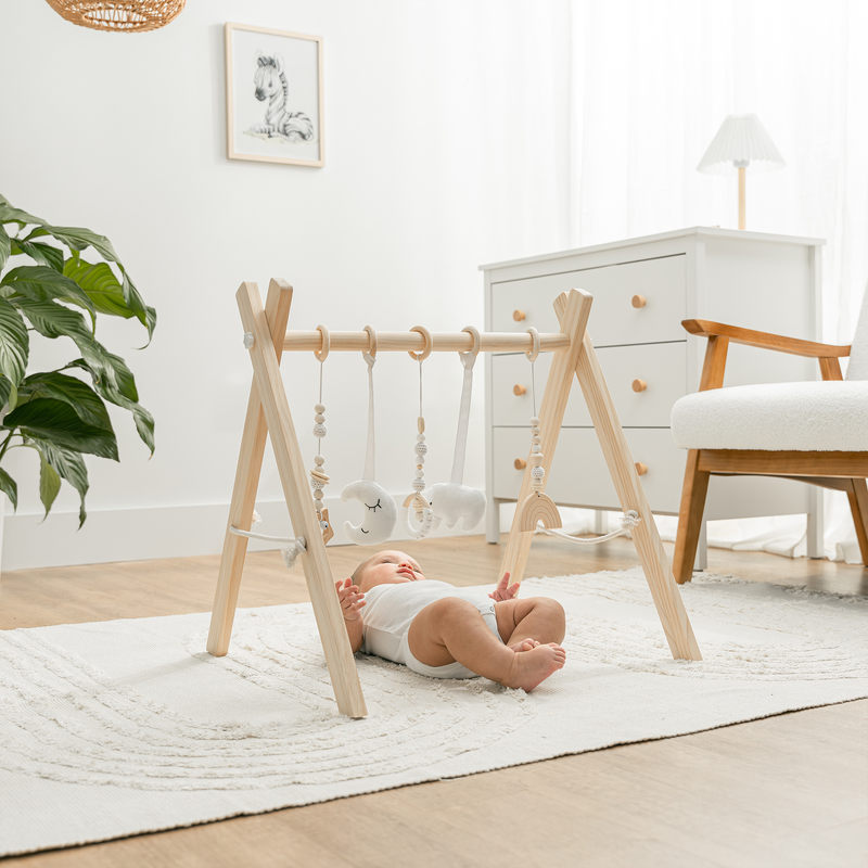 Comfy Cubs - Foldable Baby Play Gym with 5 Hanging Toys - Natural Wood - Ages 0–12 Months-5