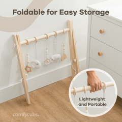 Comfy Cubs - Foldable Baby Play Gym with 5 Hanging Toys - Natural Wood - Ages 0–12 Months-2