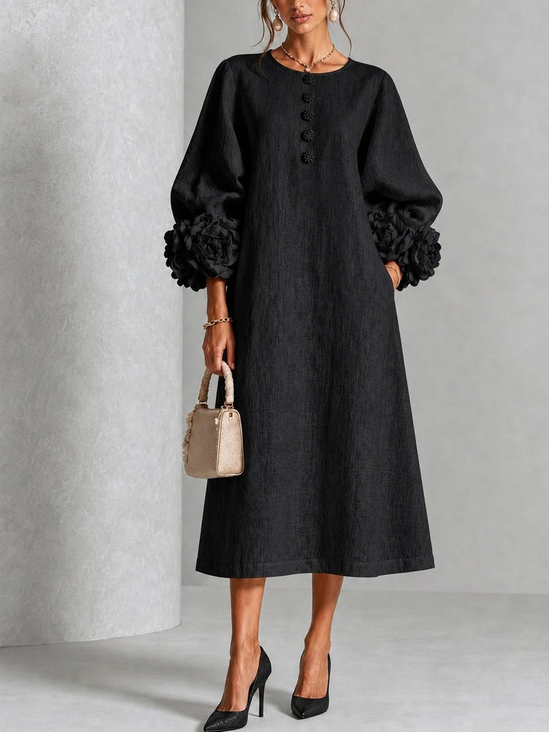 Women’s 3D Floral A-Line Dress – Puff Sleeve French-Style Party & Wedding Dress-7