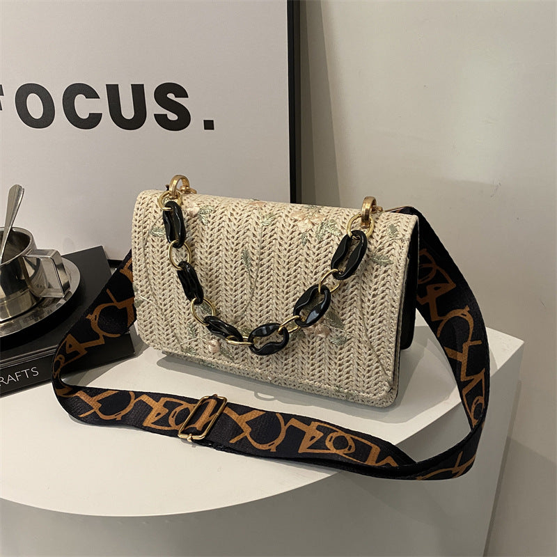 Women's Straw Small Square Crossbody Bag with Acrylic Chain-8