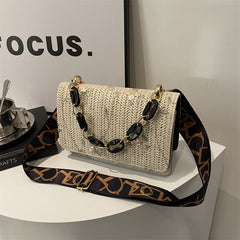 Women's Straw Small Square Crossbody Bag with Acrylic Chain-8