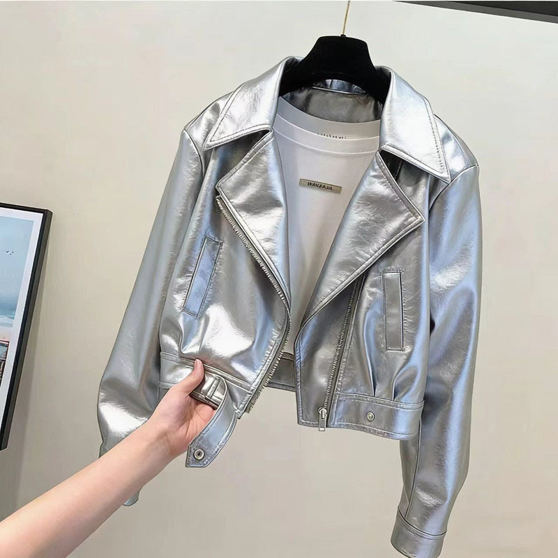 Women's Cropped PU Leather Jacket-6