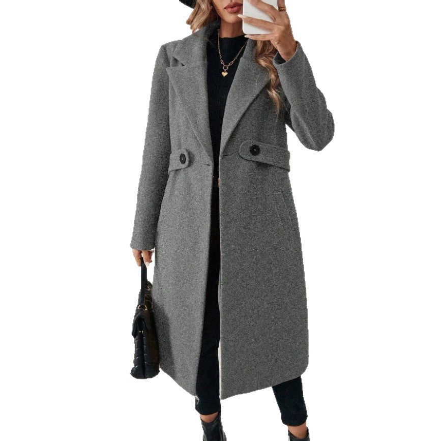 Women’s Double-Breasted Wool Coat – Solid Color Lapel Collar Winter Jacket-2