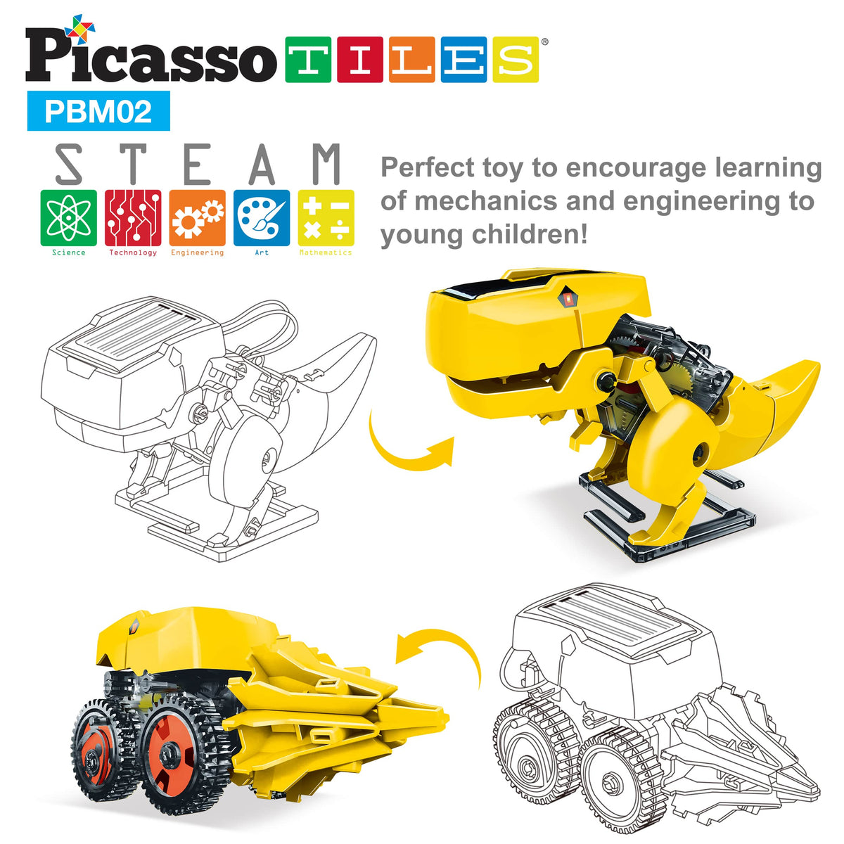 PicassoTiles - PicassoTiles 3-in-1 Solar Powered Dinosaur Robot Kit - Ages 5+-8