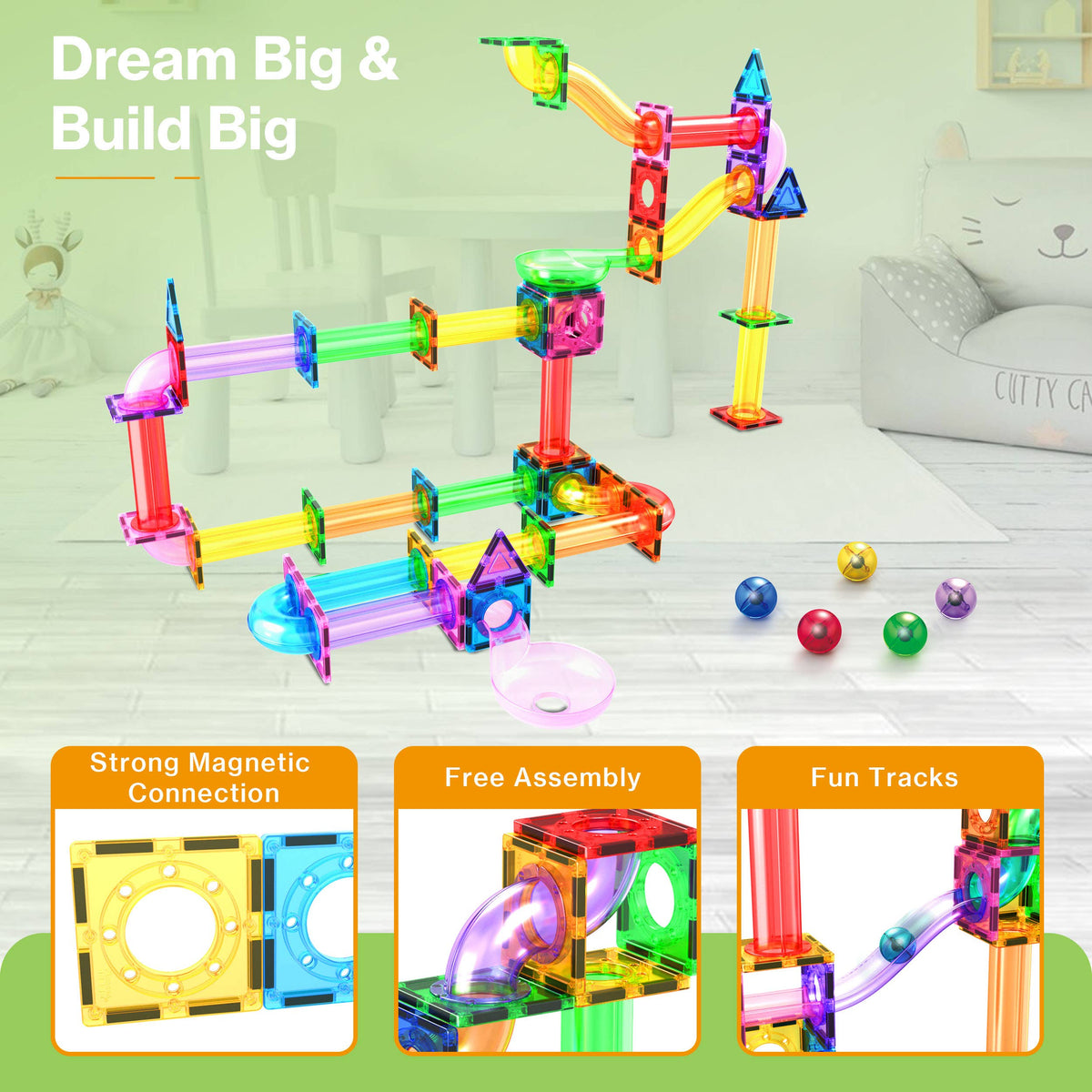 PicassoTiles - PicassoTiles Magnetic Marble Run Set: 70-Piece Set - Ages 3+-9