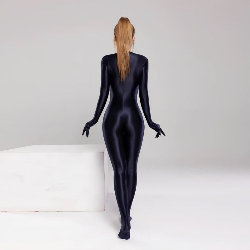 Spandex Nylon Full Bodysuit Zentai Shinny Cosplay Jumpsuit Attached Gloves-3