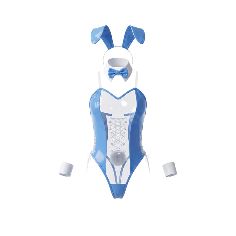 Bunny Girl PU Leather See Through Cosplay Bodysuit Costume Lingerie with Stockings-23
