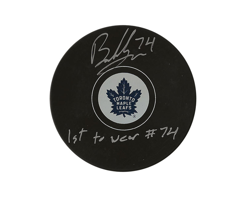 Bobby McMann Autographed Toronto Maple Leafs Autograph Model Puck Inscribed "1st to Wear #74"-1