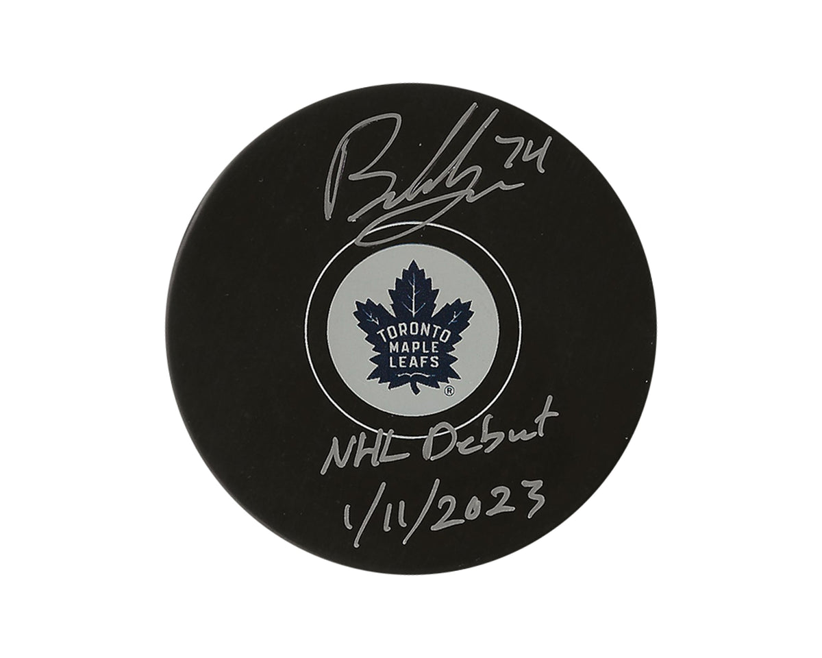 Bobby McMann Autographed Toronto Maple Leafs Autograph Model Puck Inscribed "NHL Debut 1/11/2023"-1