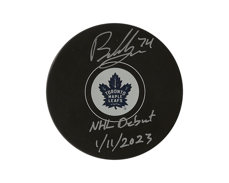 Bobby McMann Autographed Toronto Maple Leafs Autograph Model Puck Inscribed "NHL Debut 1/11/2023"-1