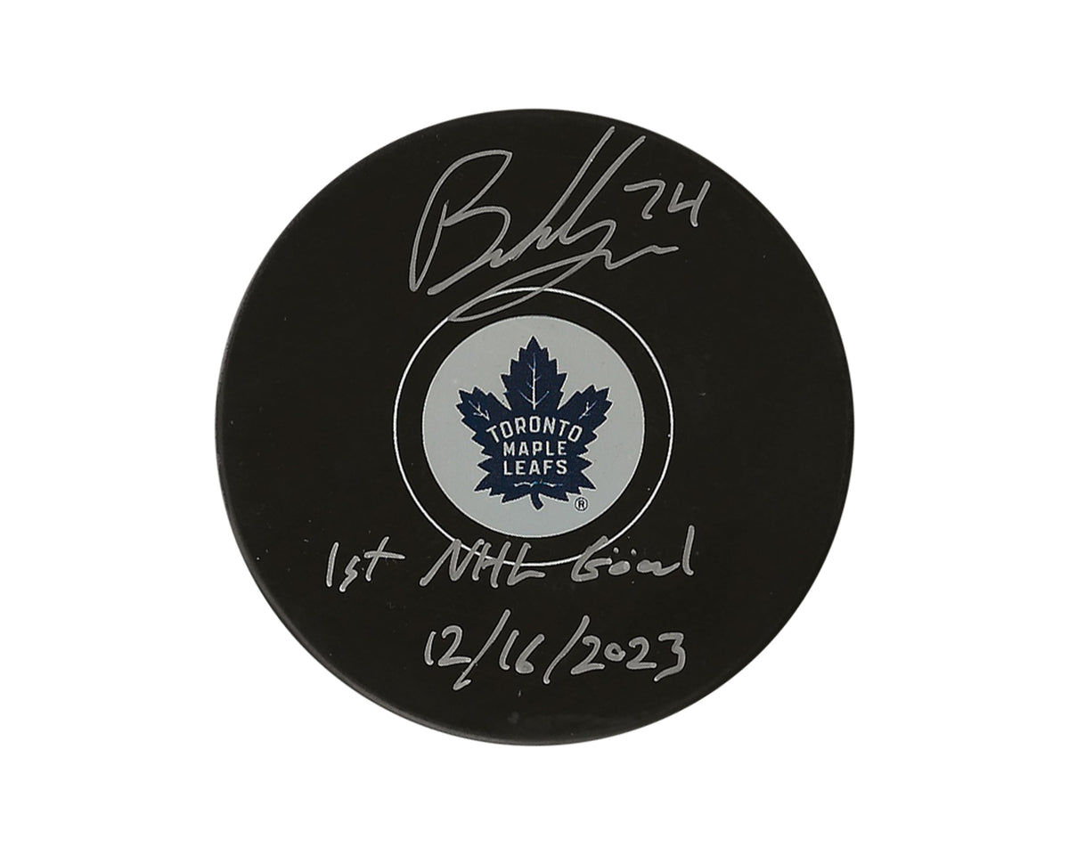 Bobby McMann Autographed Toronto Maple Leafs Autograph Model Puck Inscribed "1st NHL Goal 12/16/2023"-1
