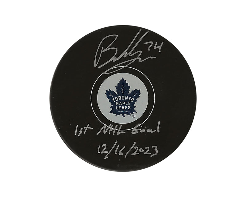 Bobby McMann Autographed Toronto Maple Leafs Autograph Model Puck Inscribed "1st NHL Goal 12/16/2023"-1