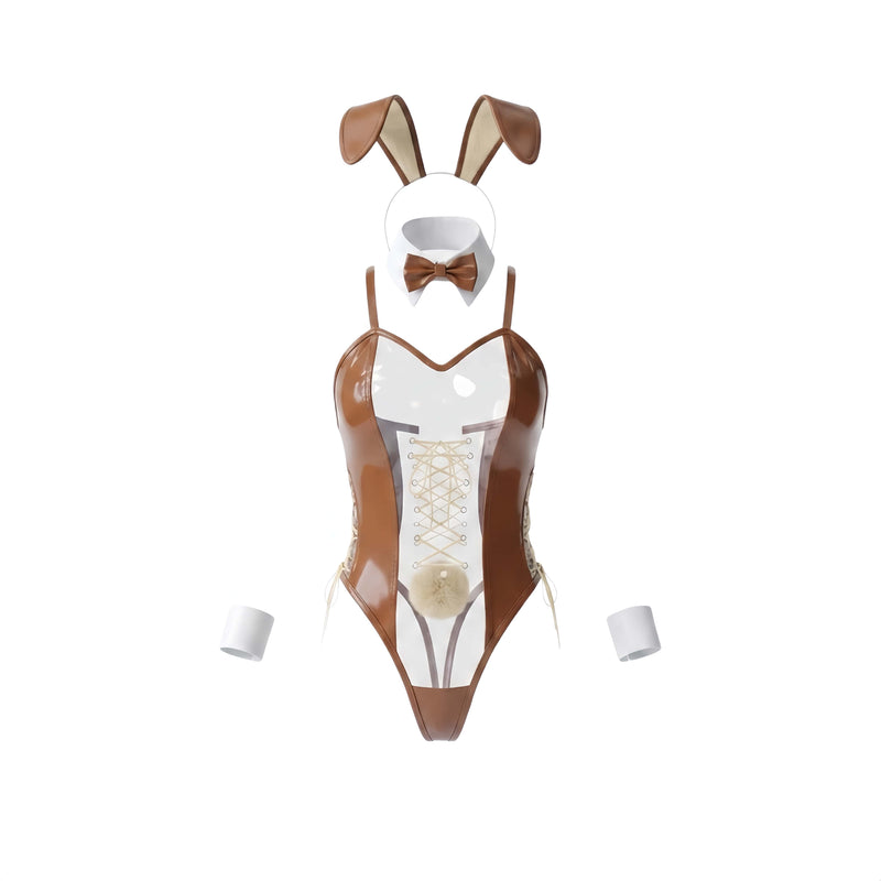 Bunny Girl PU Leather See Through Cosplay Bodysuit Costume Lingerie with Stockings-25