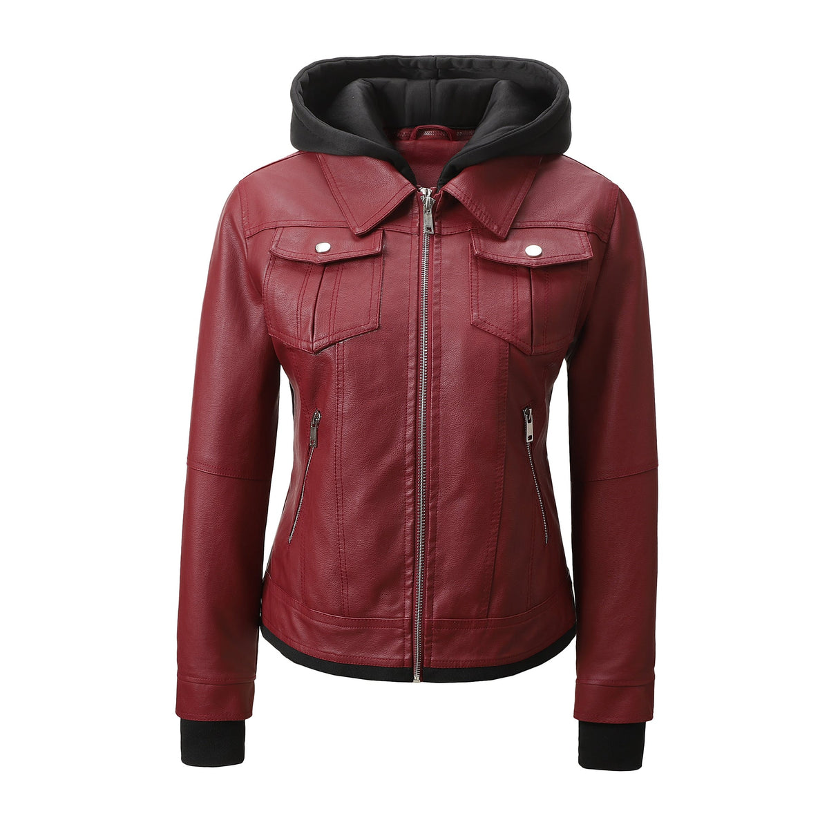 Women’s Faux Leather Biker Jacket with Detachable Hood – Slim-Fit Waist-Cinching Motorcycle Coat-2