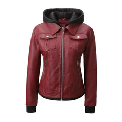 Women’s Faux Leather Biker Jacket with Detachable Hood – Slim-Fit Waist-Cinching Motorcycle Coat-2