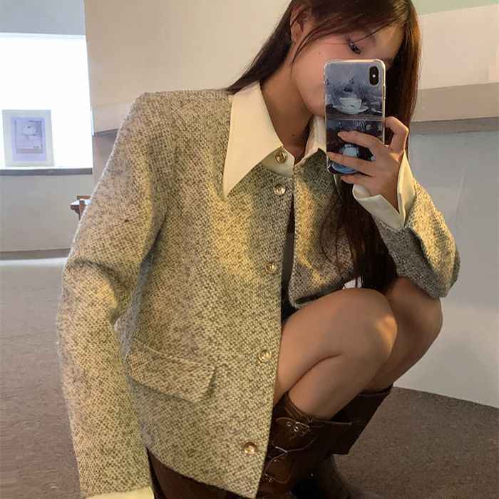 Women's Trendy Vintage Tweed Button-Up Long-Sleeve Top-2