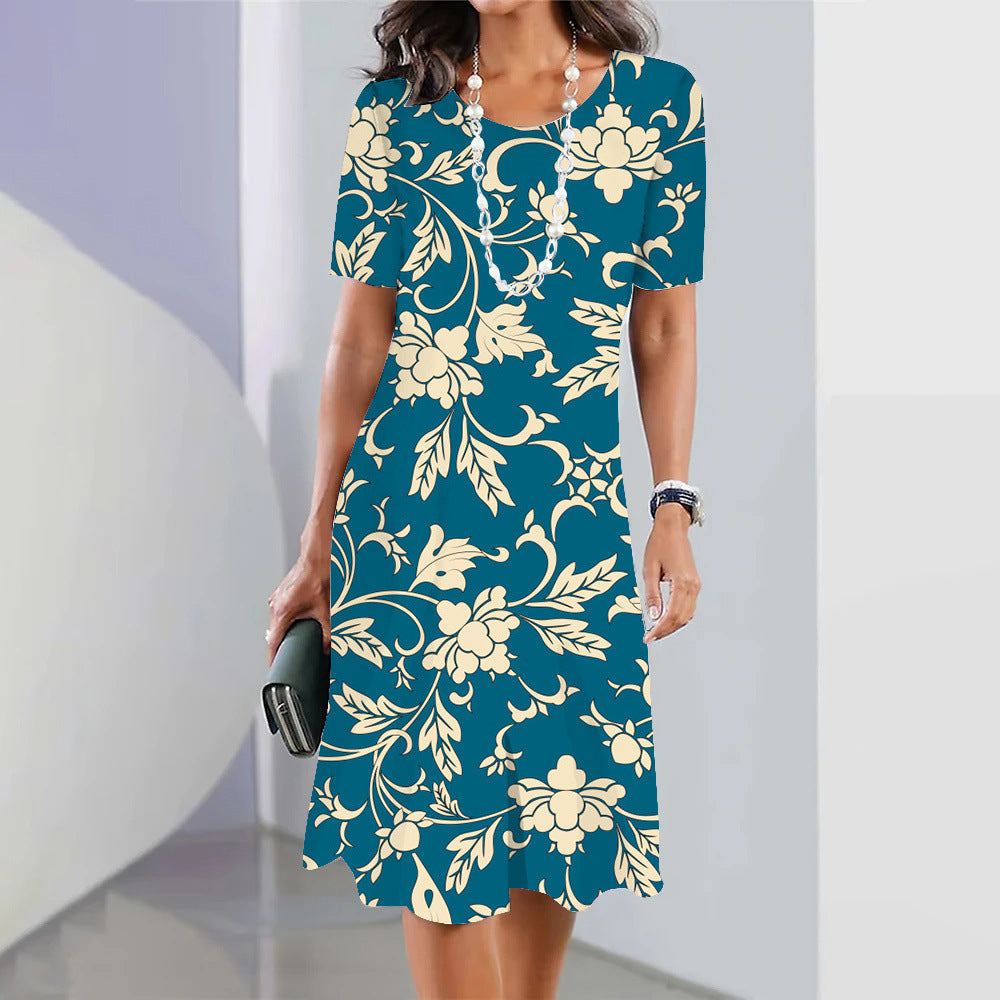 Women’s 3D Floral Print Party Dress – Blue Round-Neck Sleeveless Elegant Dress-2