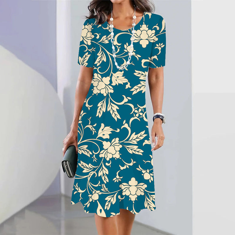 Women’s 3D Floral Print Party Dress – Blue Round-Neck Sleeveless Elegant Dress-2