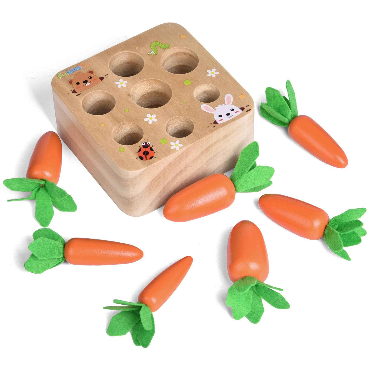 Fun Little Toys - Wooden Carrot Harvest Shape & Size Sorting Game - Ages 3+-8