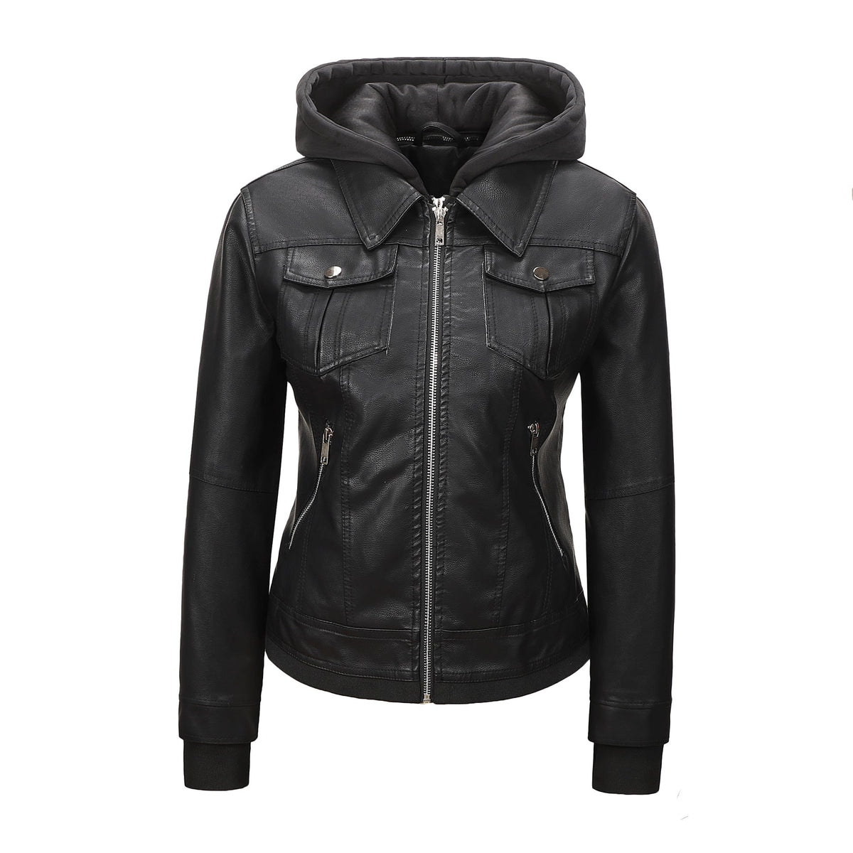 Women’s Faux Leather Biker Jacket with Detachable Hood – Slim-Fit Waist-Cinching Motorcycle Coat-1