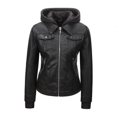 Women’s Faux Leather Biker Jacket with Detachable Hood – Slim-Fit Waist-Cinching Motorcycle Coat-1
