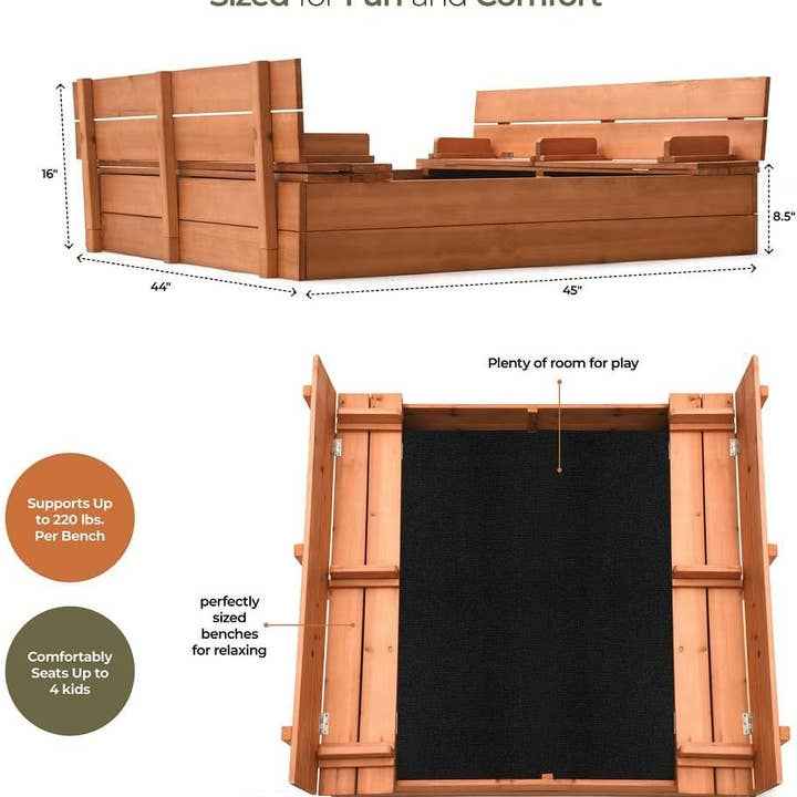 Play22 - Cedar Wood Kids Sandbox with Foldable Bench Seats - Ages 4+-4