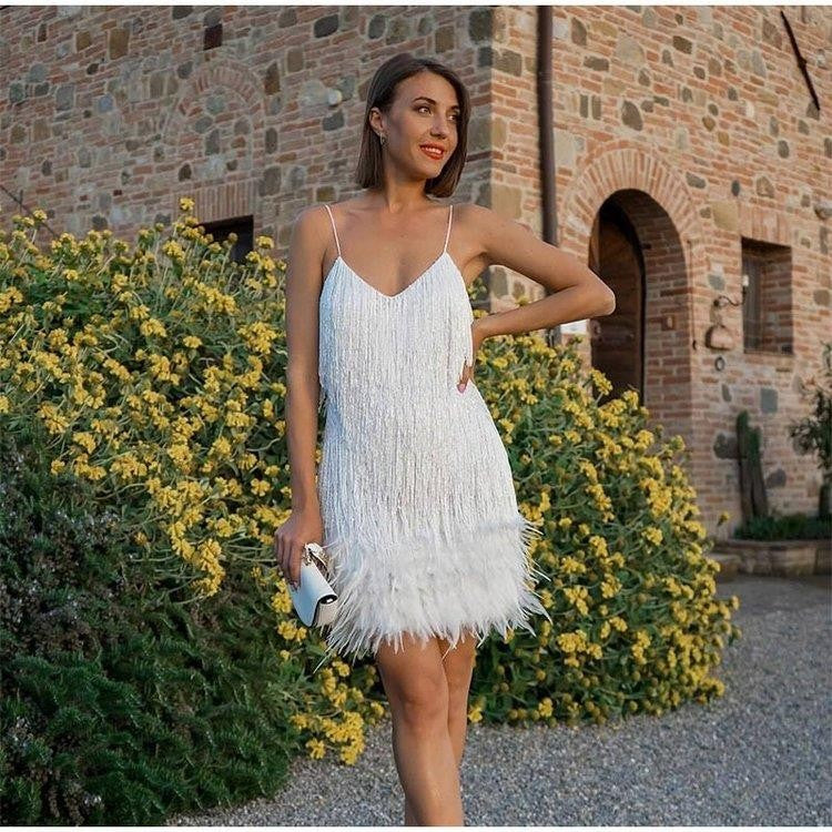 Women’s Sequin Feather Tassel Mini Dress – V-Neck Spaghetti Strap Evening Party Dress-6