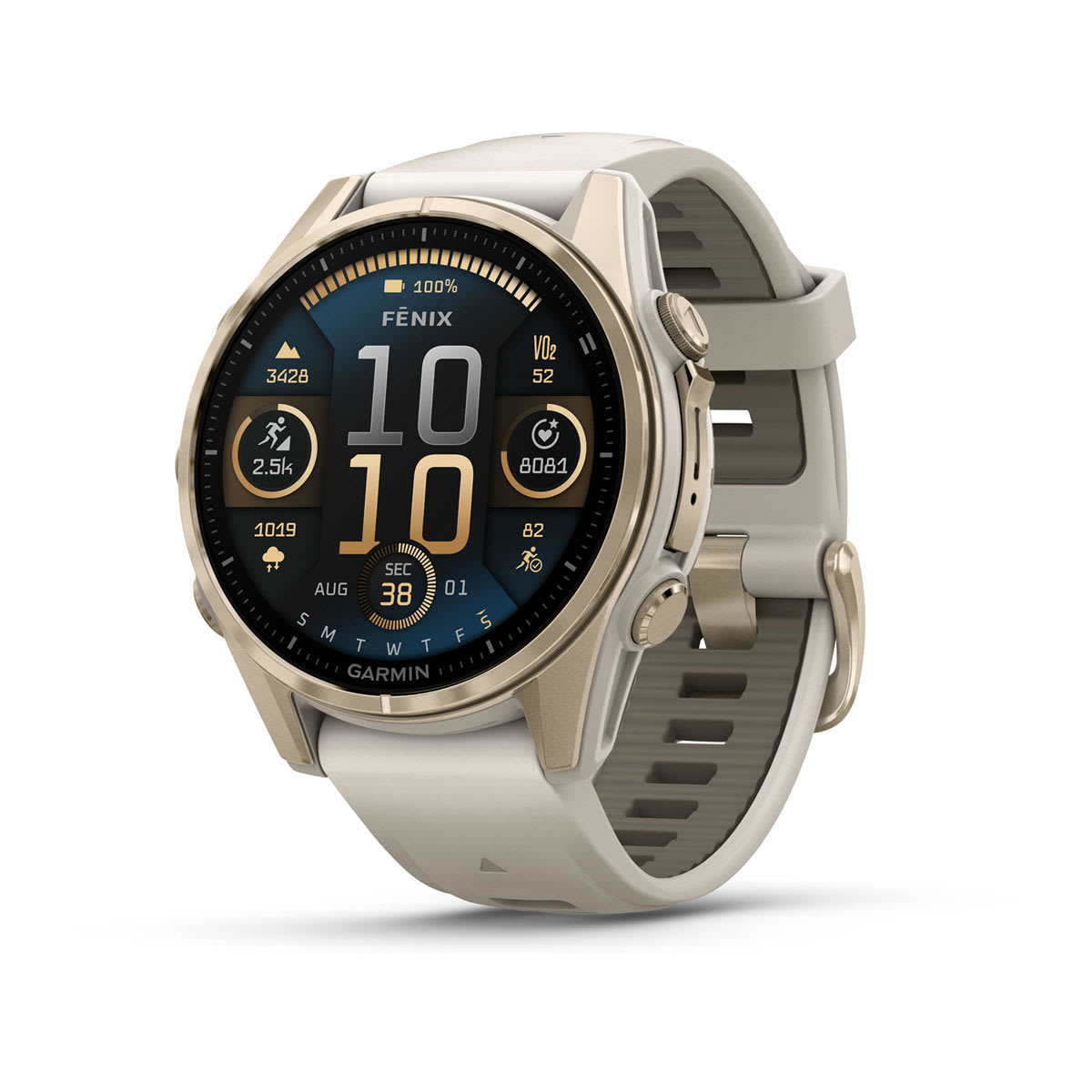 Fēnix® 8 – 43 mm AMOLED Soft Gold with Fog Gray/Dark Sandstone Band