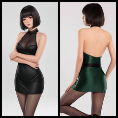 Satin Spandex Halter Sleeveless Short Dress Lingerie-1
