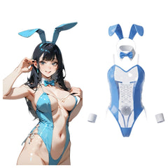 Bunny Girl PU Leather See Through Cosplay Bodysuit Costume Lingerie with Stockings-1