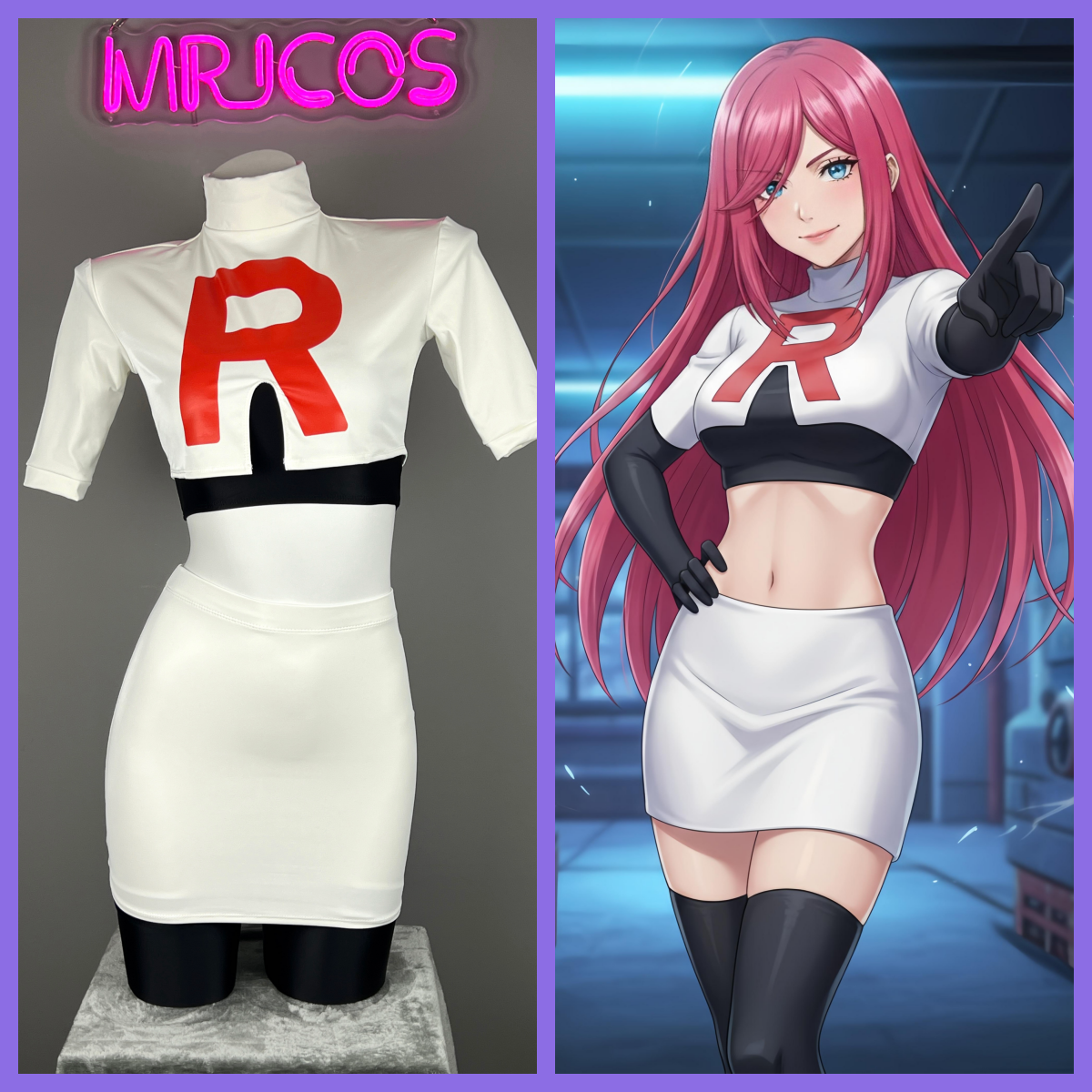 Anime Team Rocket Spandex Leather Cosplay Costume Set with Gloves and Skirt-1