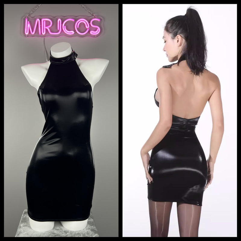 Gothic Sleeveless PU Leather Halter Party Dress Lingerie-1