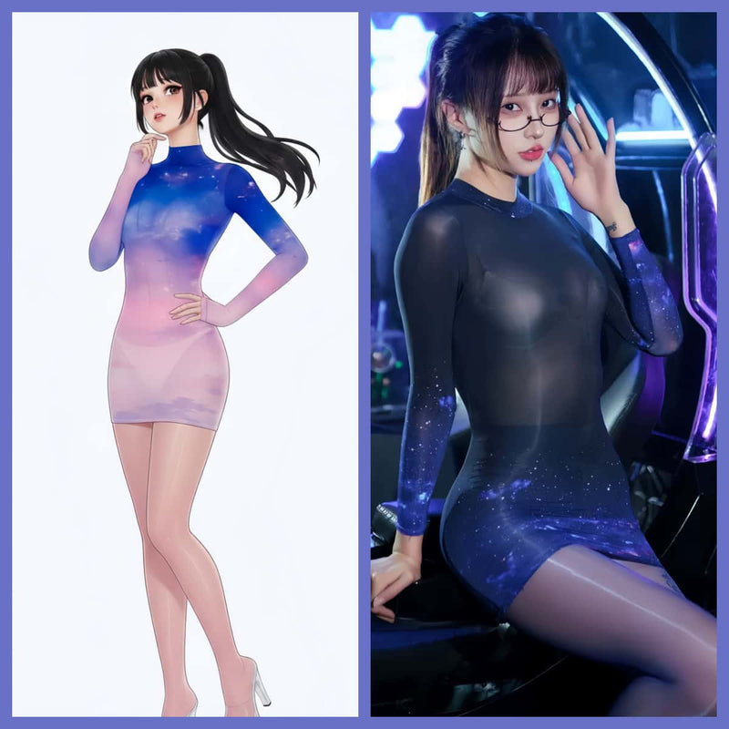 Sheer Spandex 10D Nylon Short Dress See Through Galaxy Lingerie Dress-1