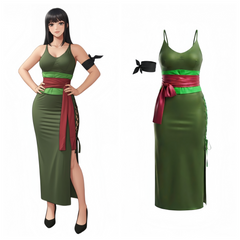 [Inventory Clearance] Female Zoro Cosplay Green Sleeveless High-slit Long Dress Halloween Costume-1