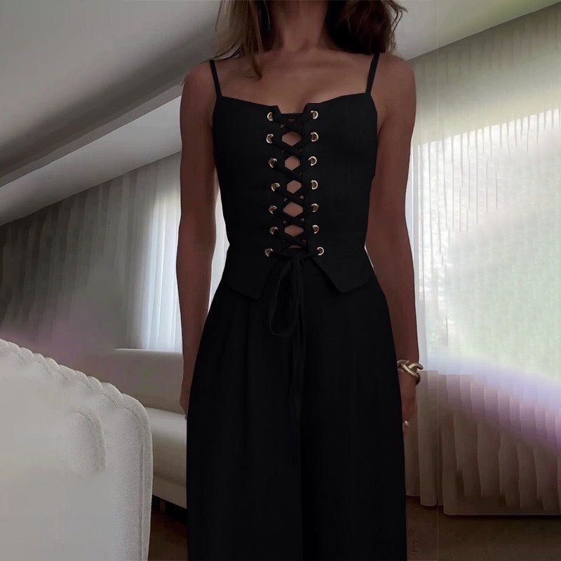Women’s Sexy Hollow-Out Strap Top & Wide-Leg Pants Set – Casual Summer 2-Piece Outfit-8
