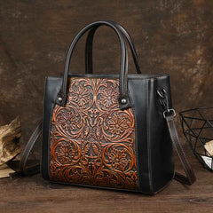 Single-shoulder Slanted-top Full-grain Leather Tote Bag With Leather Carving-5