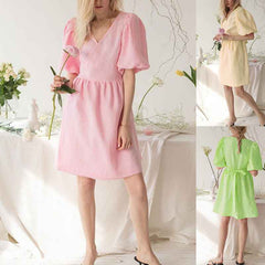 Women’s V-Neck Half-Sleeve Loose Dress – Relaxed-Fit Casual Summer Midi Dress-1