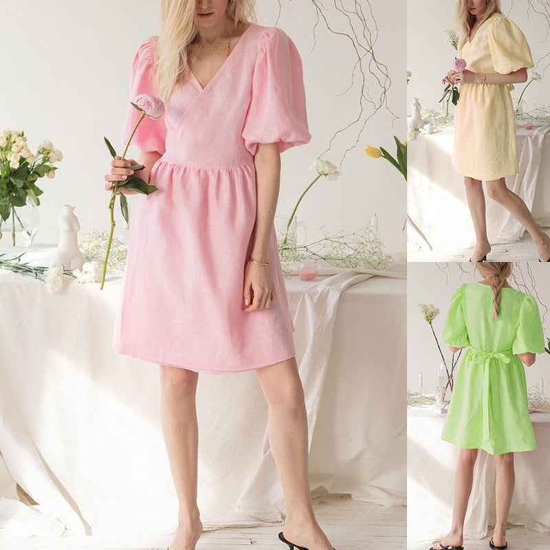 Women’s V-Neck Half-Sleeve Loose Dress – Relaxed-Fit Casual Summer Midi Dress-1