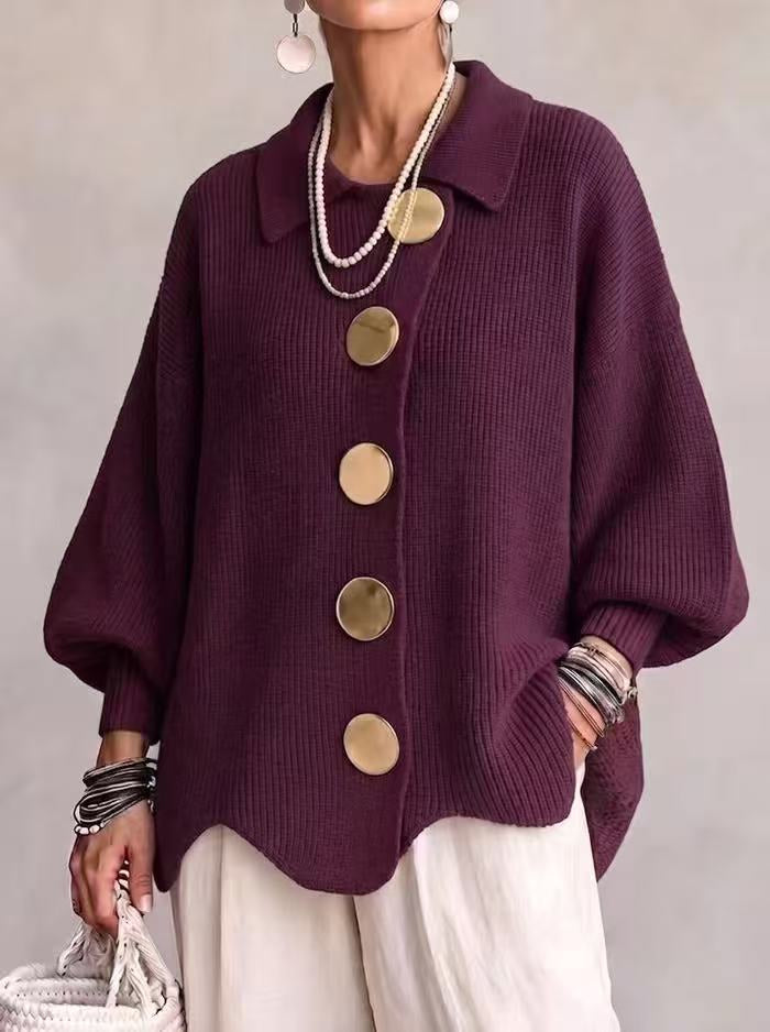 Women’s Button-Down Knit Cardigan – Lapel Collar Long-Sleeve Loose-Fit Fall & Winter Sweater-15