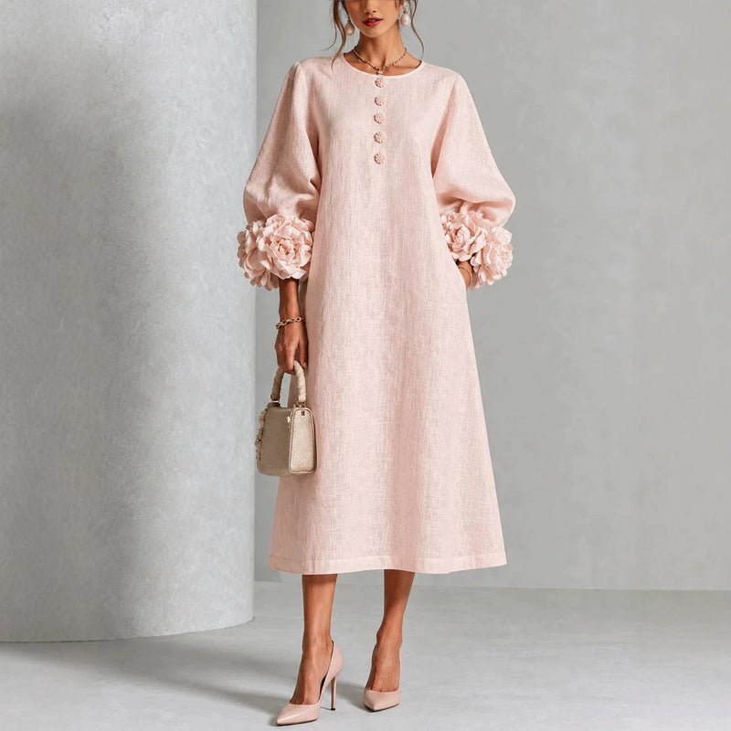 Women’s 3D Floral A-Line Dress – Puff Sleeve French-Style Party & Wedding Dress-5