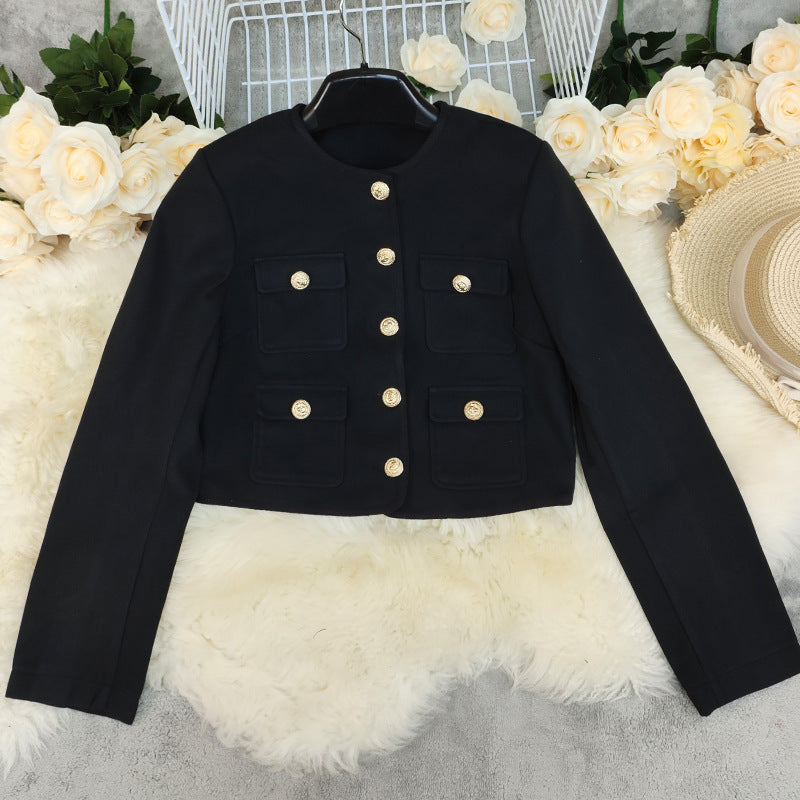 Women’s Wool Blend Short Jacket – Round Neck Solid Color Casual Lightweight Coat-5