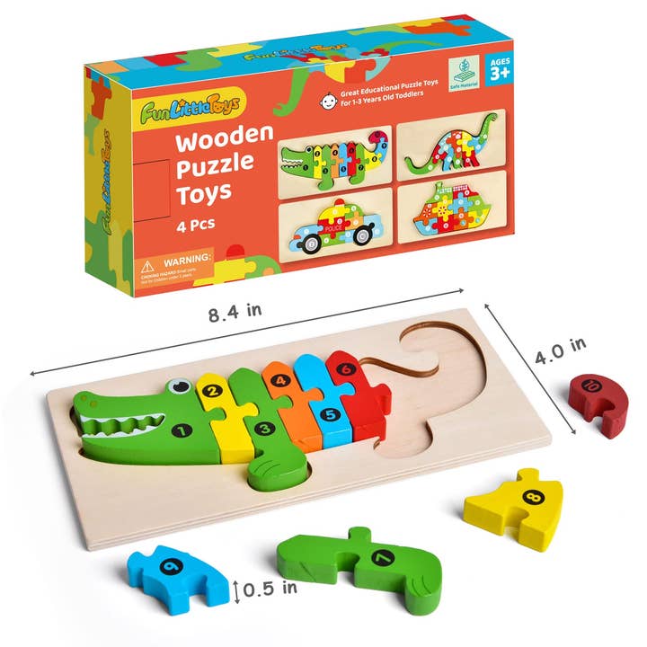 Fun Little Toys - 4-Pack Wooden Puzzles for Toddlers - Ages 2–4-3
