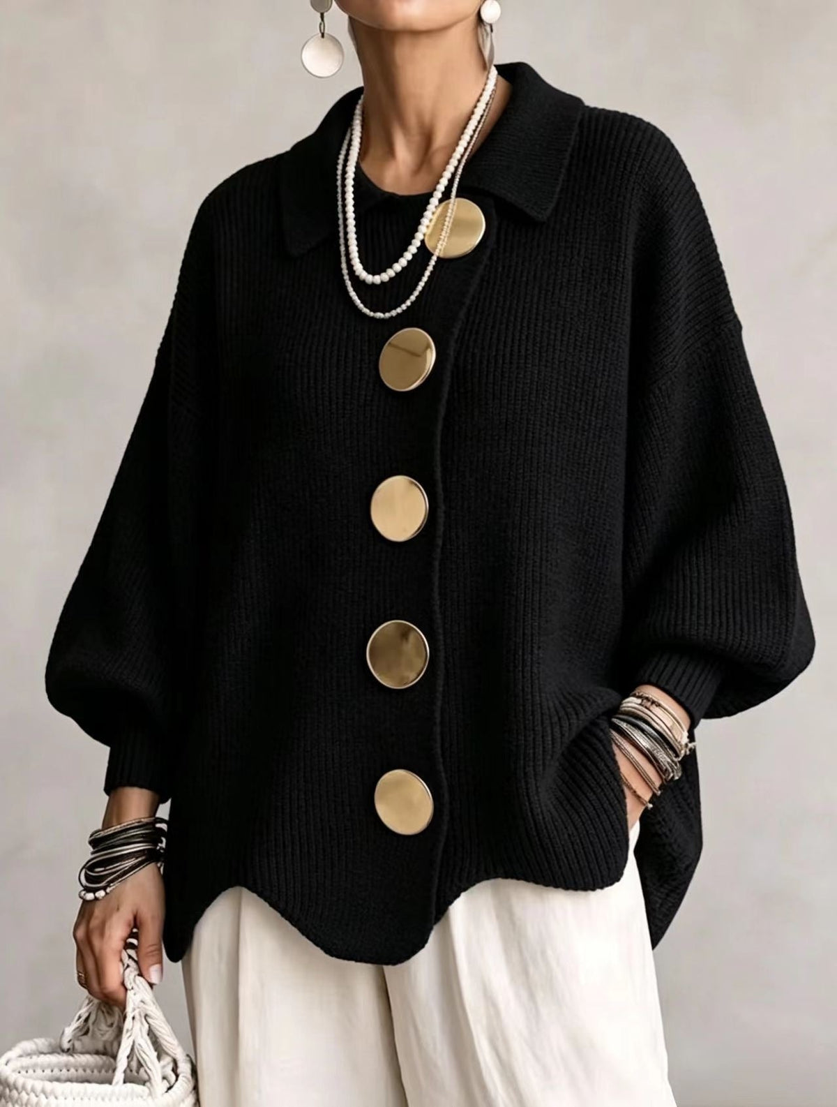 Women’s Button-Down Knit Cardigan – Lapel Collar Long-Sleeve Loose-Fit Fall & Winter Sweater-11