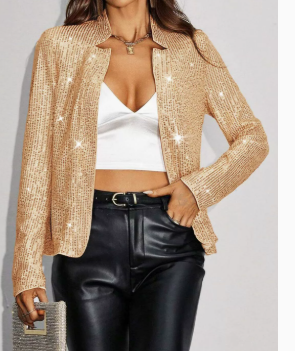 Women's Stand-Collar Cropped Sequin Jacket-12