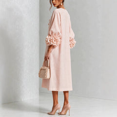 Women’s 3D Floral A-Line Dress – Puff Sleeve French-Style Party & Wedding Dress-10
