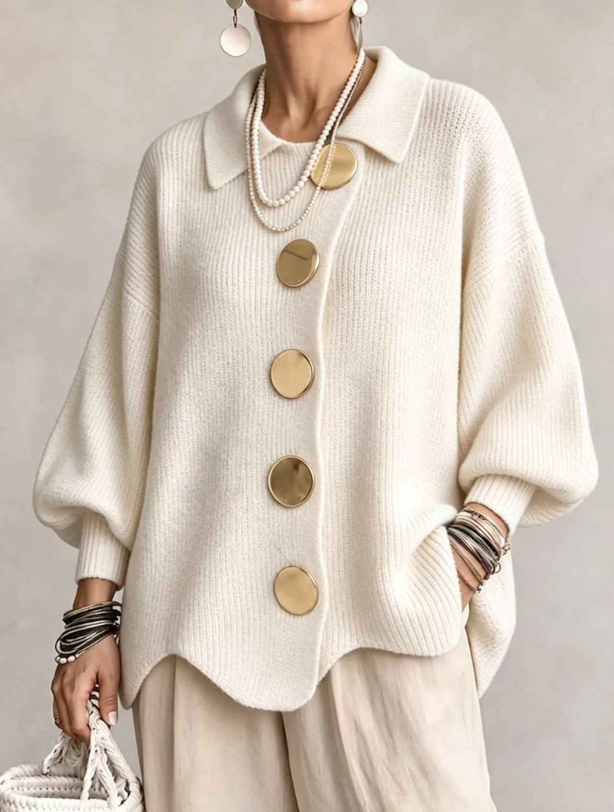 Women’s Button-Down Knit Cardigan – Lapel Collar Long-Sleeve Loose-Fit Fall & Winter Sweater-3