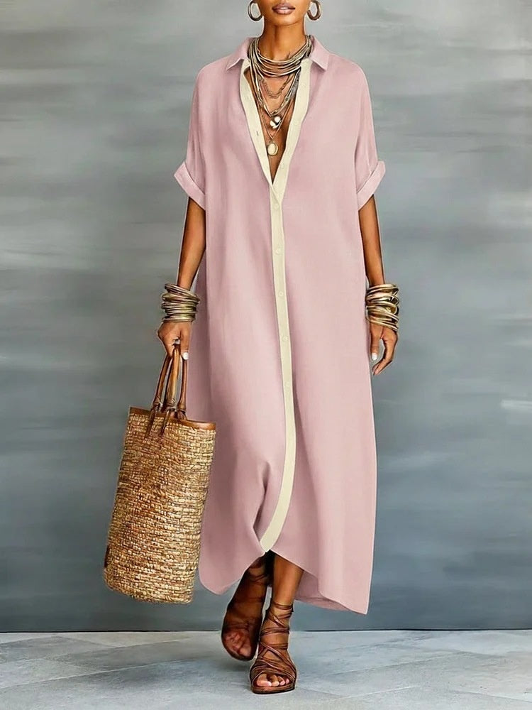 Women’s Summer Short-Sleeve Shirt Dress – Lapel Collar Button-Front Maxi Dress-7